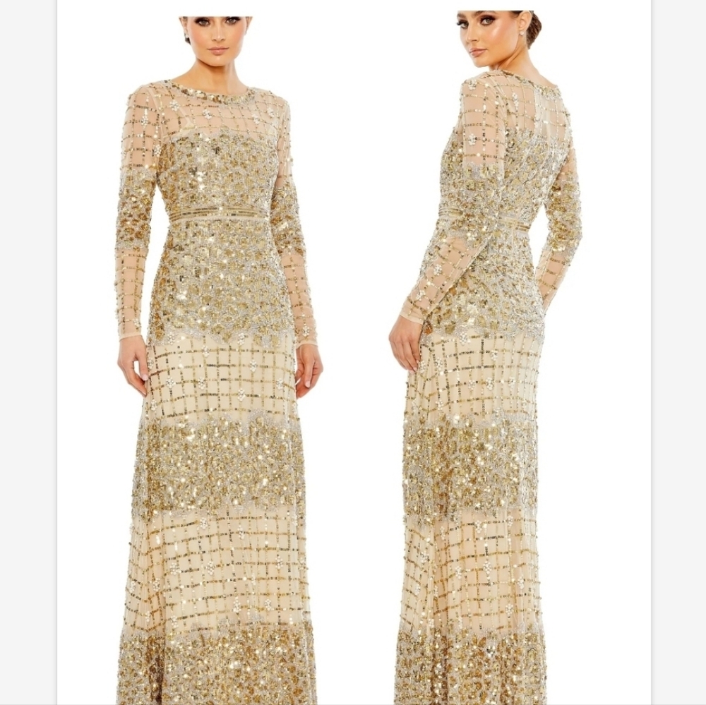 Mac Duggal Gold a-line beaded formal dress with sheer long sleeves SZ 12 NWT